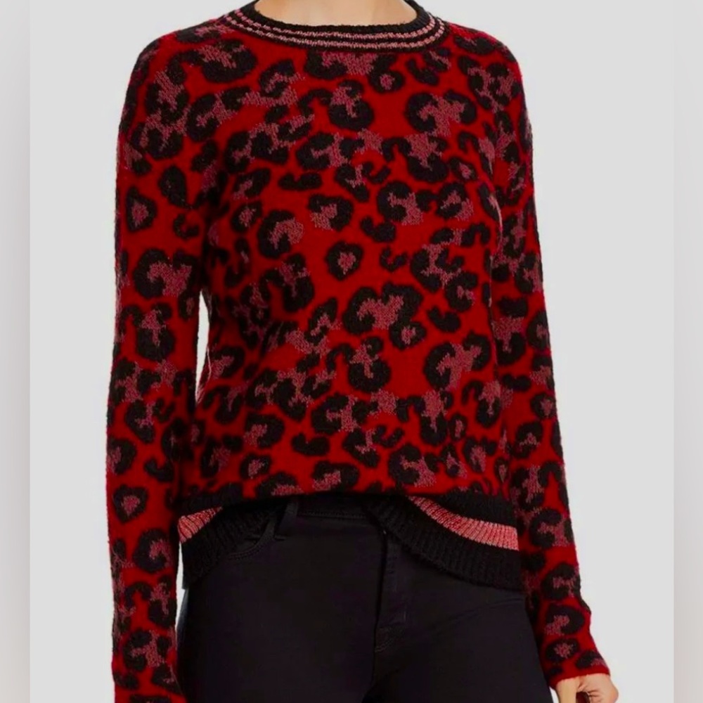 AQUA Red and Black Leopard Print Sweater with Striped Collar and Waistband